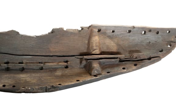 A matai plank that formed part of the oldest waka yet found in New Zealand, from Anaweka.