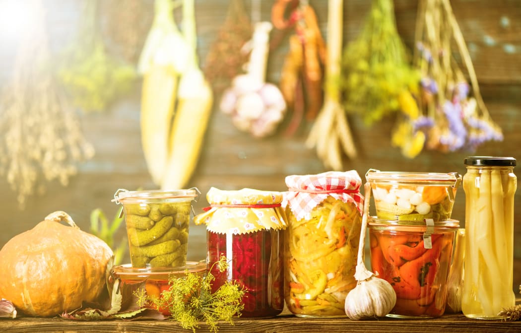 Pickled Marinated Fermented vegetables on shelves in cellar