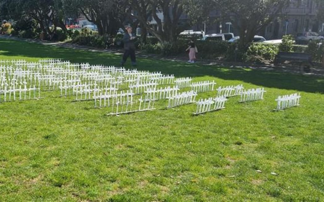 Wellington protest - Outside Parliament, some people have put up white crosses to represent patients from Lake Alice who did not live to see today's apology.