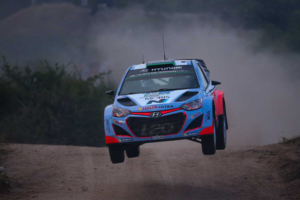 New Zealander driver Hayden Paddon steers his Hyundai i20 WRC with co-driver John Kennard during the WRC Rally Argentina on 25 April.