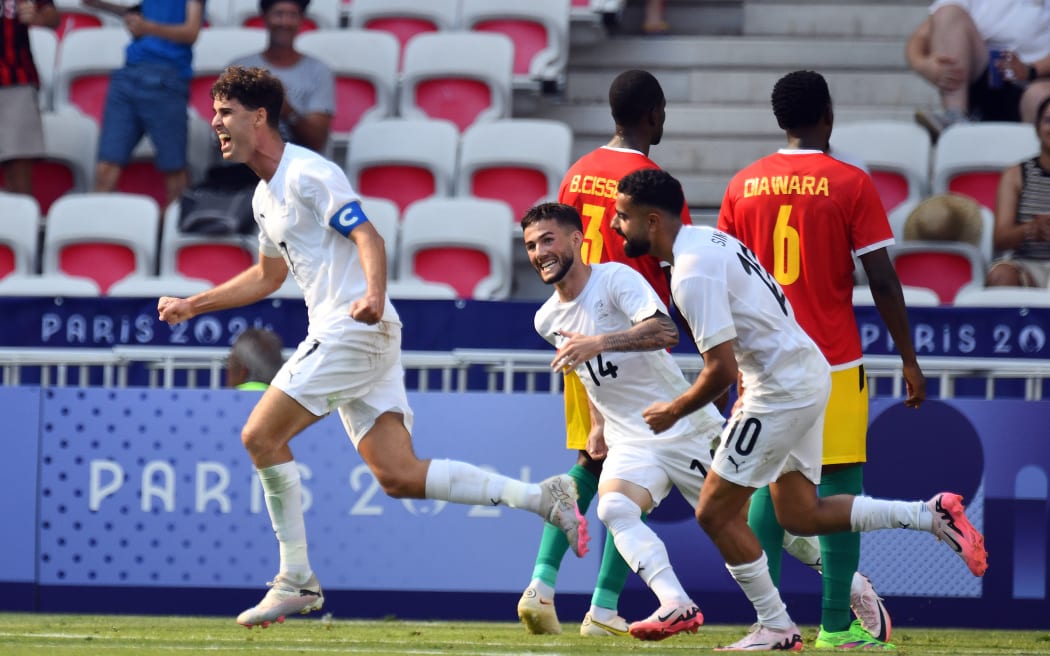 All Whites captain Matthew Garbett celebrates his goal during the Paris Olympics 2024 Football game between All Whites vs Guinea at Nice Stadium, in Nice, France. Wednesday 24 July 2024. Copyright Photo: Raghavan Venugopal / www.photosport.nz