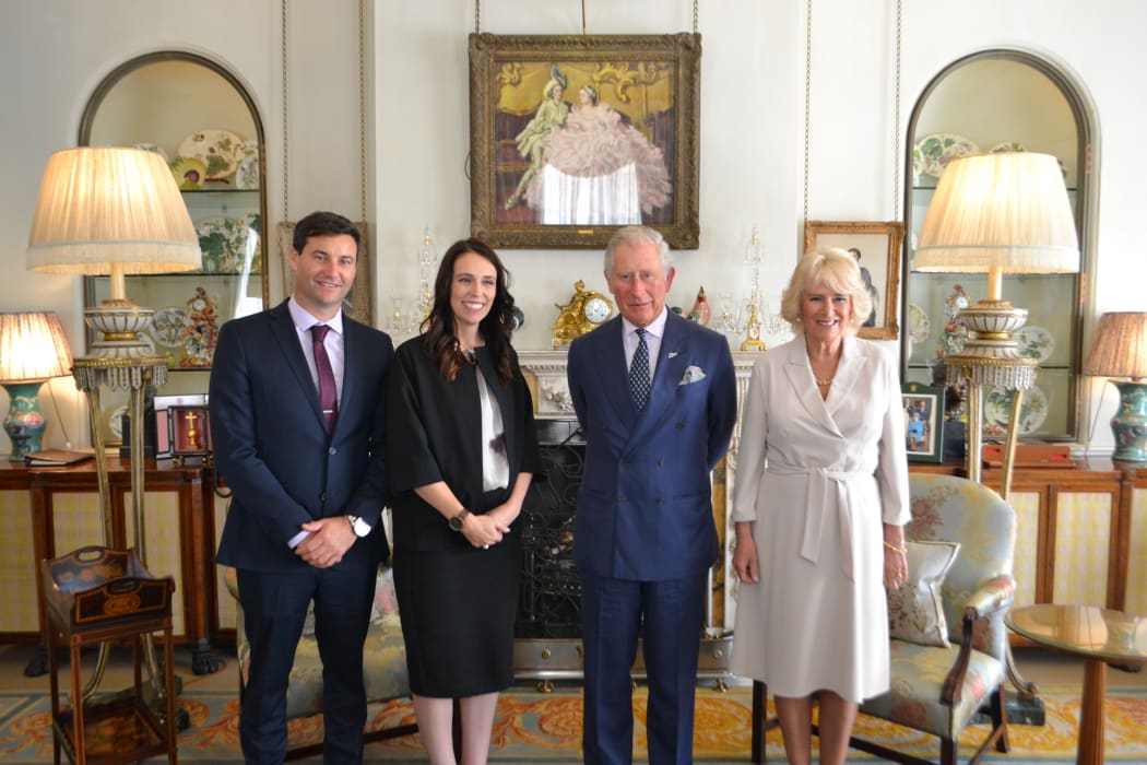 Prime Minister Jacinda Ardern and partner Clarke Gayford with Prince Charles and Duchess Camilla.