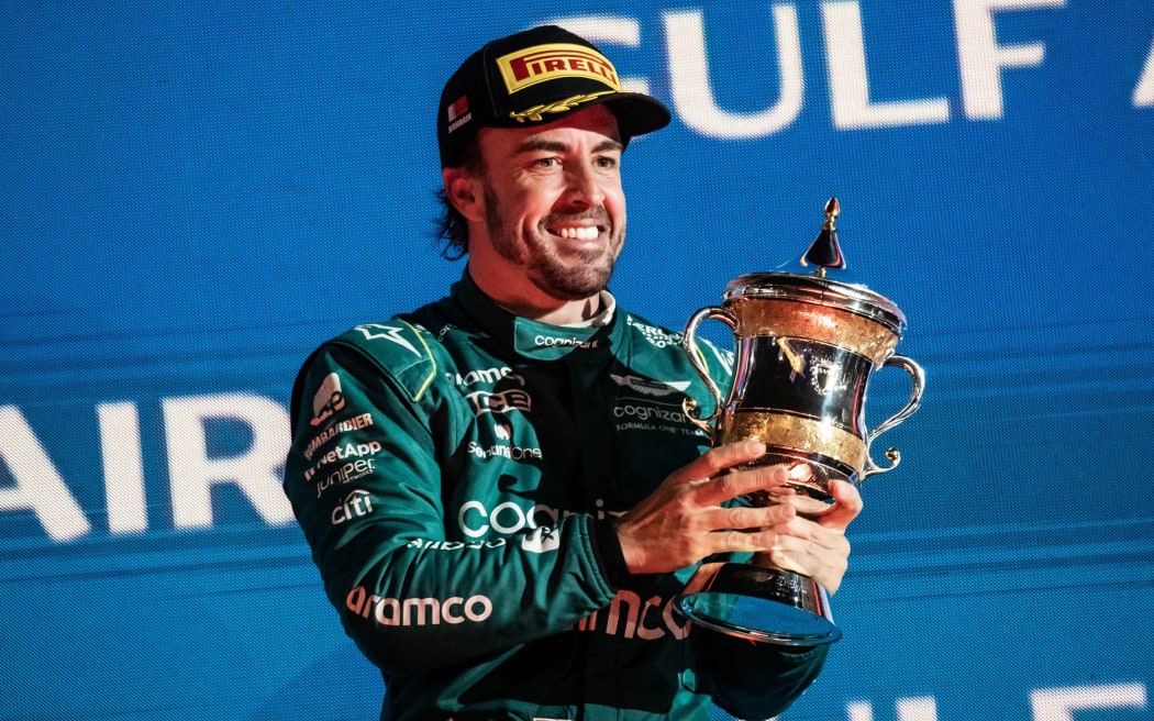 Aston Martin F1 driver Fernando Alonso after finishing third at the Bahrain Grand Prix, 2023.