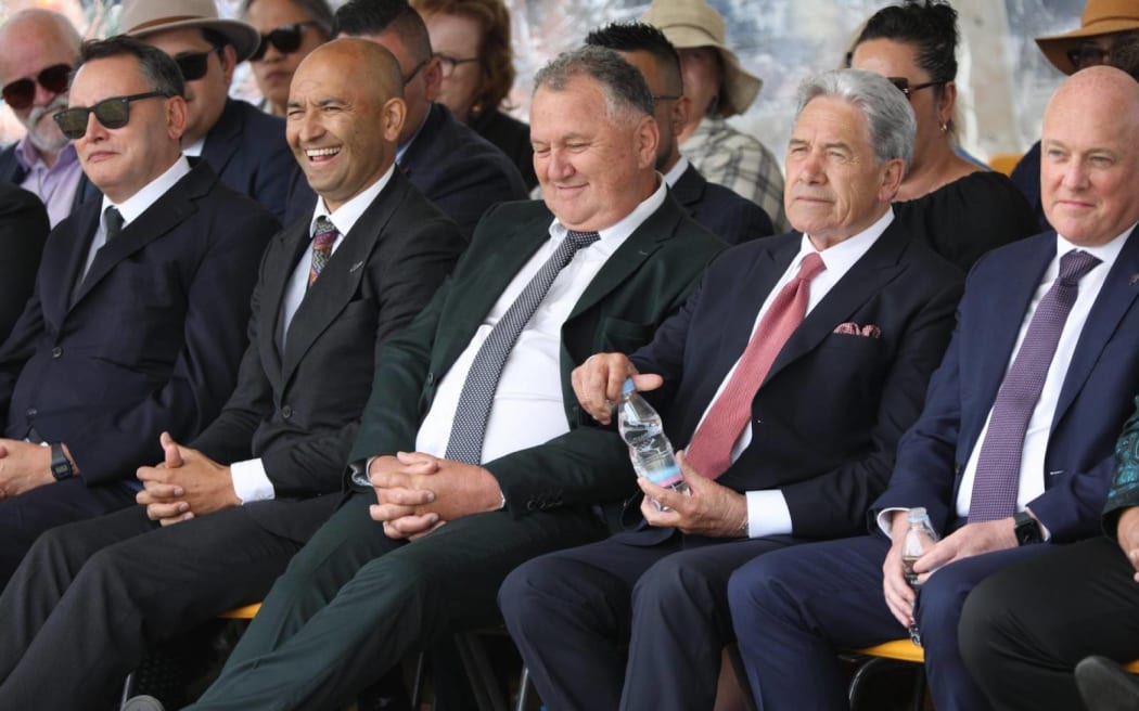 Shane Reti, Tama Potaka, Shane Jones, Winston Peters and Christopher Luxon at Rātana Pā, January 2024.