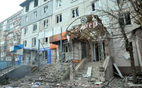 Shops and apartments in Sievierodonetsk damaged after shelling by Russian troops, in March.