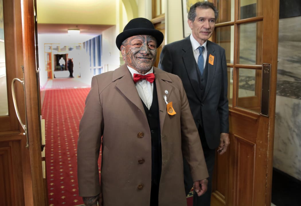 Veteran Tuhoe activist Tame Iti arrives for the final reading of legislation settling the iwi's claim.