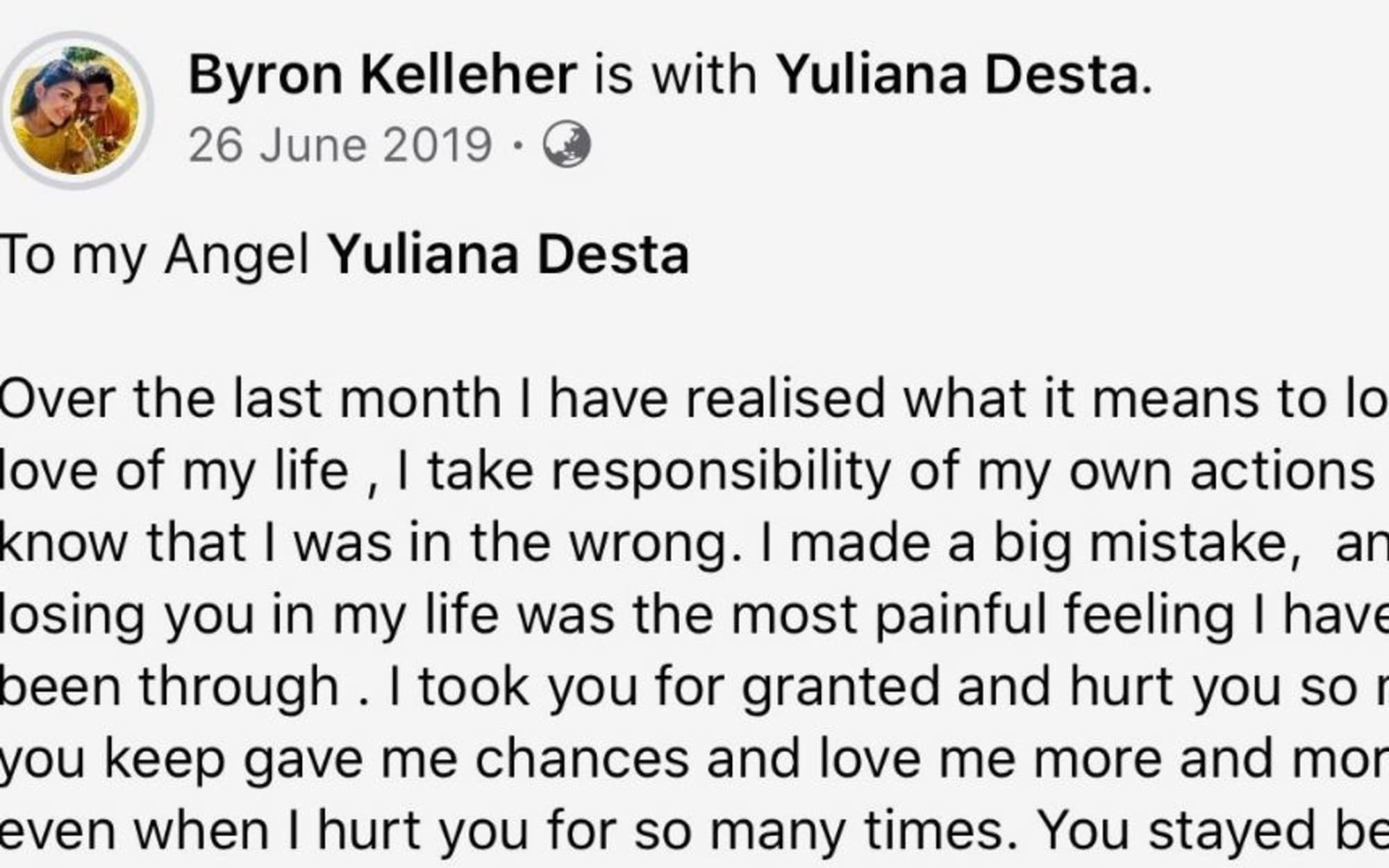 A public Facebook post ex-All Black Byron Kelleher published in 2019 expressing contrition to his then partner Yuliana Desta after what she says was another episode of drunken violence against her.