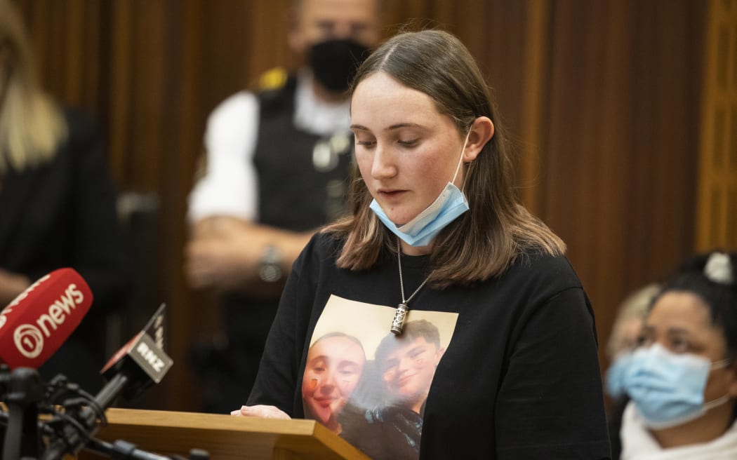Tyreese Fleming was sentenced in the Timaru District Court on Wednesday to five charges of dangerous driving causing death. Georgia Goodger (sister of Andrew) reads her impact statement 29 June 2022.