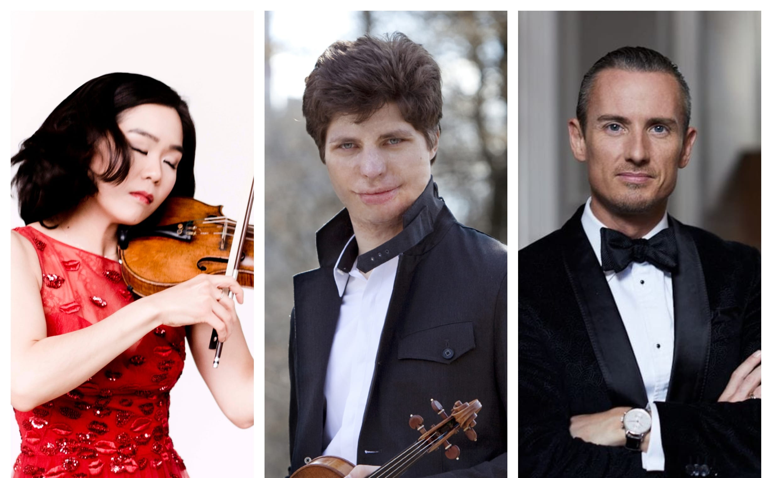From left, Violinist Esther Yoo, Violinist Augustin Hadelich, Conductor Alexander Shelley