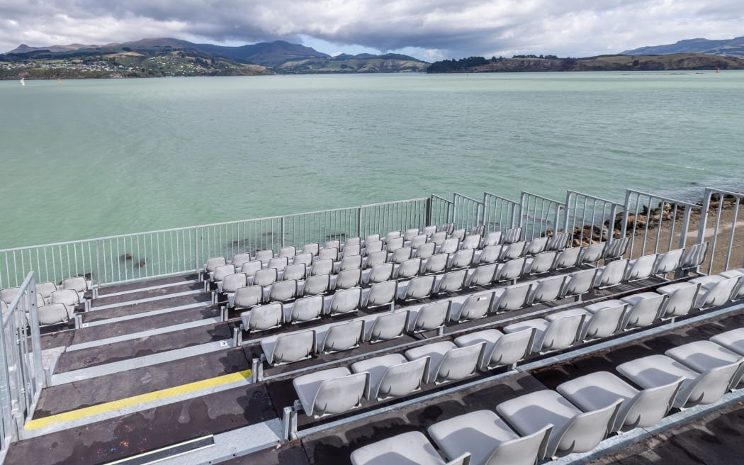 View from the grandstand in the fan village looking onto the racecourse ahead of the ITM New Zealand Sail Grand Prix in Christchurch, New Zealand. Monday 13th March 2023.