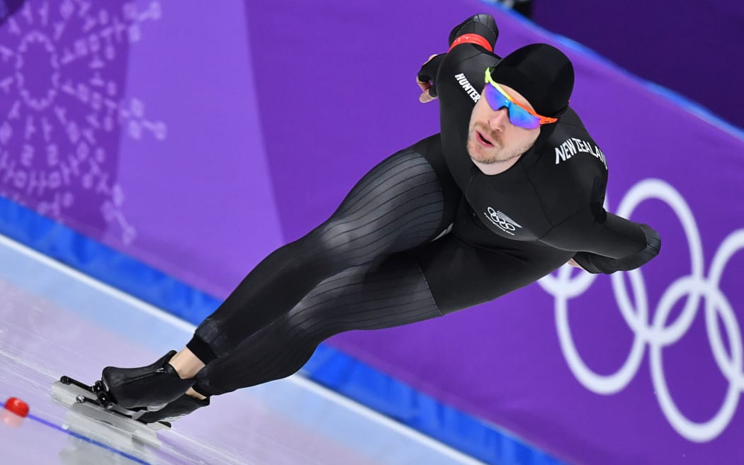 Peter Michael of New Zealand in action during the Olympic men's 5000m speed skating 2018.