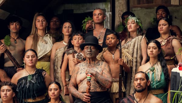 Stan Walker, Tame Iti and others in a scene from Walker's new music video 'Māori Ki Te Ao' (Māori to the world)