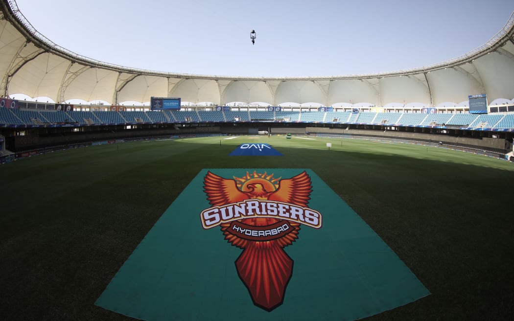 Dubai International Stadium prepares for IPL game.