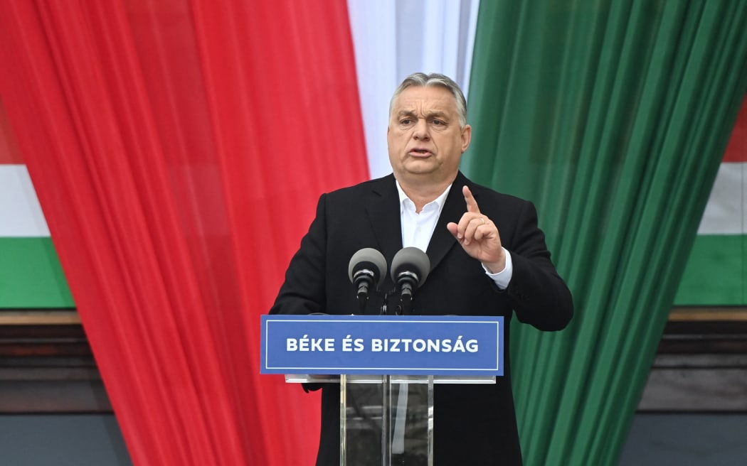 Hungarian Prime Minister Viktor Orban who is seeking his fourth term speaks during the closing campaign session of the FIDESZ party, in Szekesfehervar, Hungary on 1 April  2022.