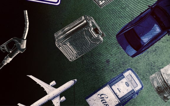 Generic imagery of gas and fuel alongside transport vehicles, composite graphic