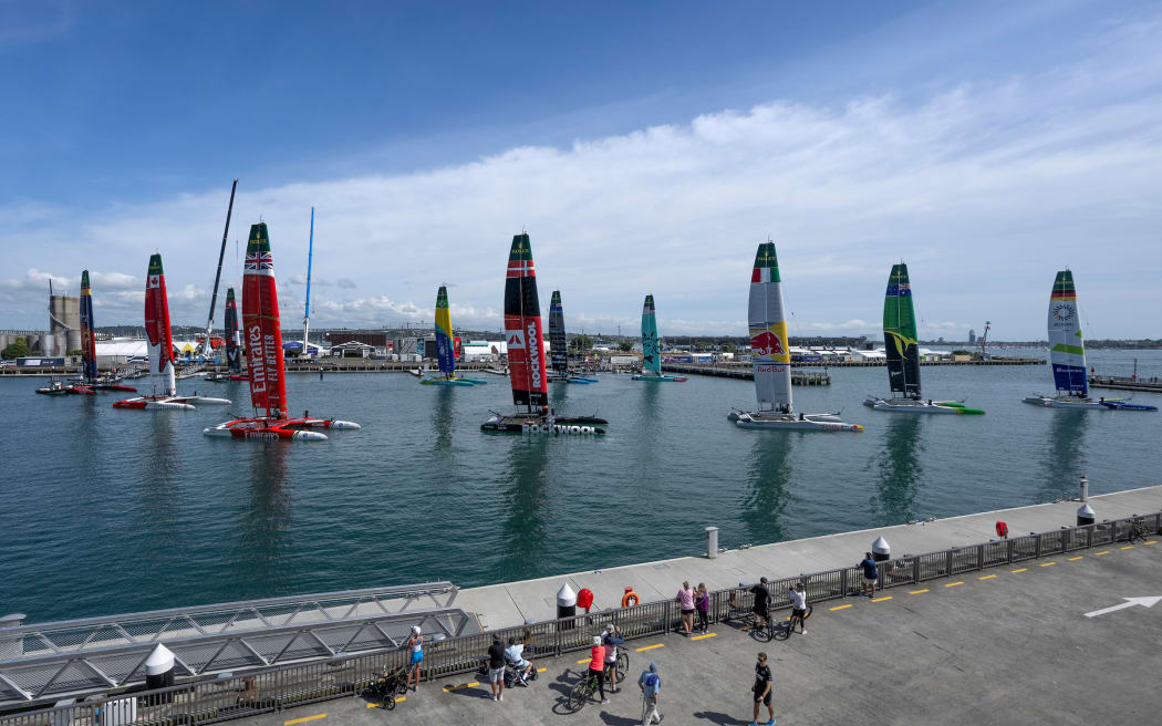 The SailGP fleet of F50 catamarans moored up outside the technical area ahead of The Rolex SailGP 2025 Championship ITM New Zealand Sail Grand Prix in Auckland, New Zealand. Thursday 16 January 2025. Photo: Ricardo Pinto for SailGP. Handout image supplied by SailGP