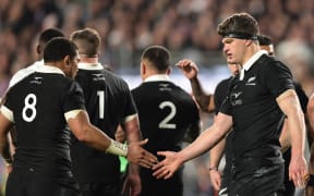 Ardie Savea of New Zealand and Scott Barrett of New Zealand during the Second Test of the 2024 Series between the New Zealand All Blacks and England at Eden Park.