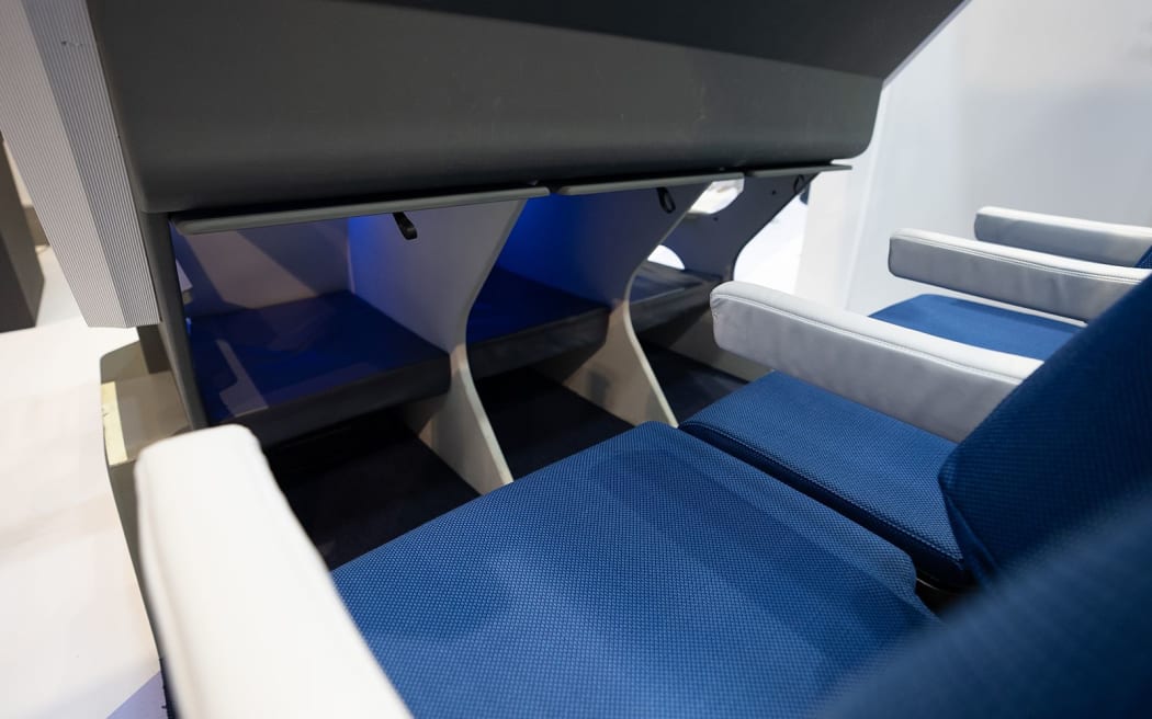 Núñez Vicente designed the lower level to offer increased leg room. Pictured here: the lower level of the 2023 prototype. Images of Airbus' early stage designs are not currently available.