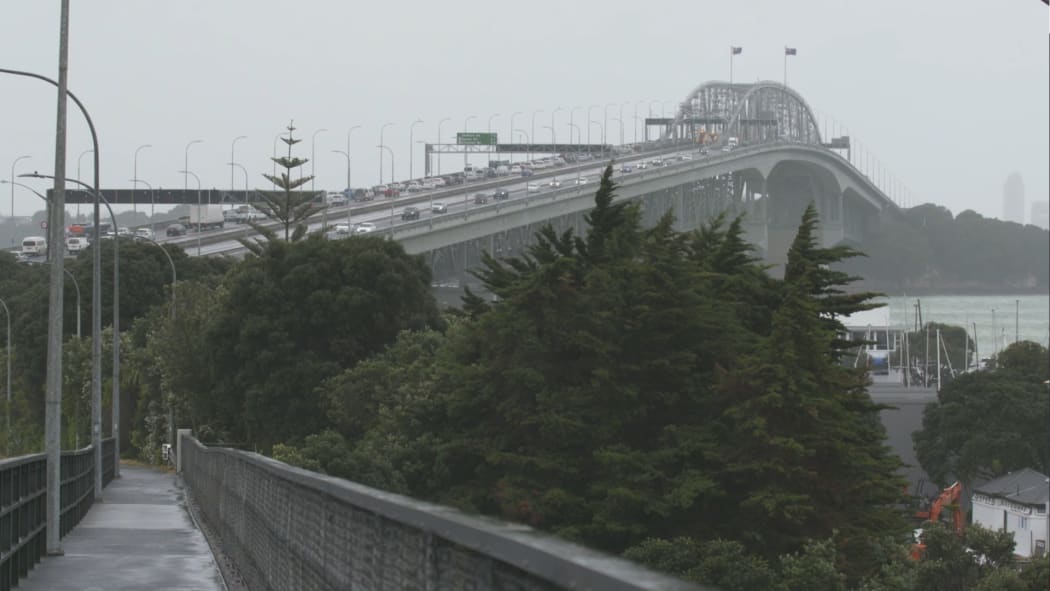 Traffic on Auckland Harbour Bridge after trucks crash.