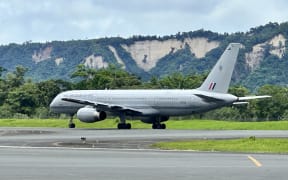An NZDF Boeing 757 aeroplane on the runway at Port Vila's Bauerfield International Airport, about to take off with the last planned repatriation flight from Vanuatu, on 21 December, 2024, following a major earthquake on 17/12/24.