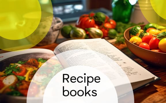 The words "Recipe books" is superimposed over abstract shapes resembling plates and textured background.