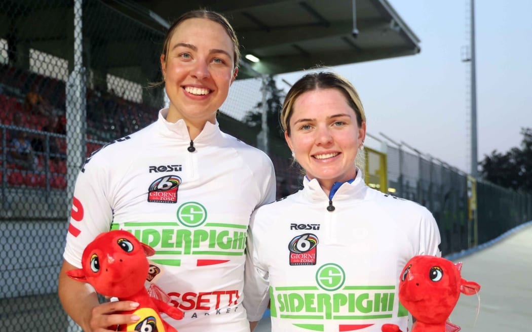 Bryony Botha (left) and Michaela Drummond at Fiorenzuola International Velodrome.