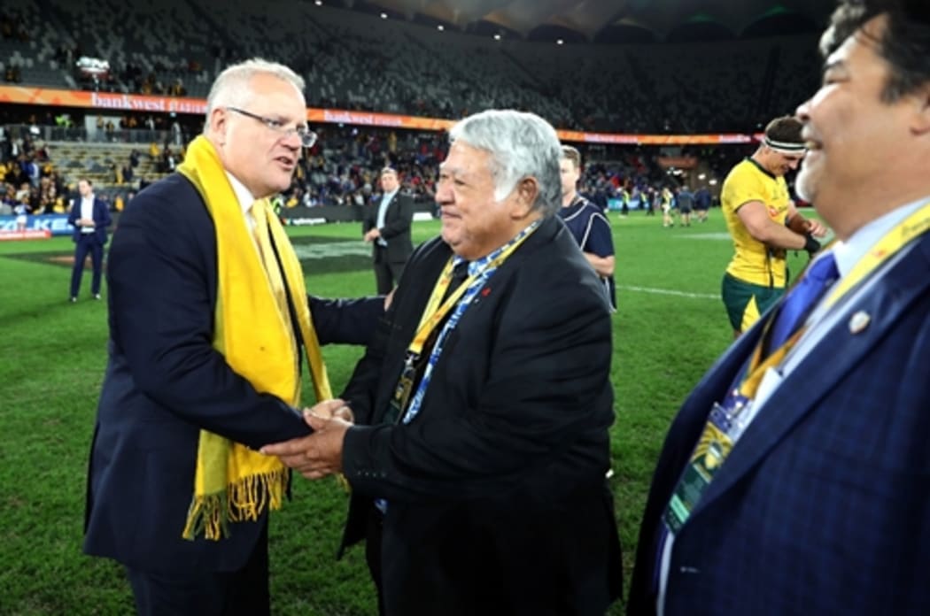 Australian PM Scott Morrison and Samoa PM Tuilaepa Sailele Malielegaoi following the Wallabies victory in Parramatta.