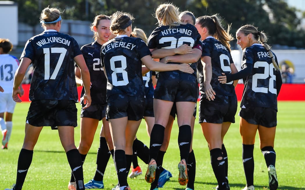 The Football Ferns celebrate a goal to Katie Kitching during the 4-0 win over Vietnam in Christchurch.