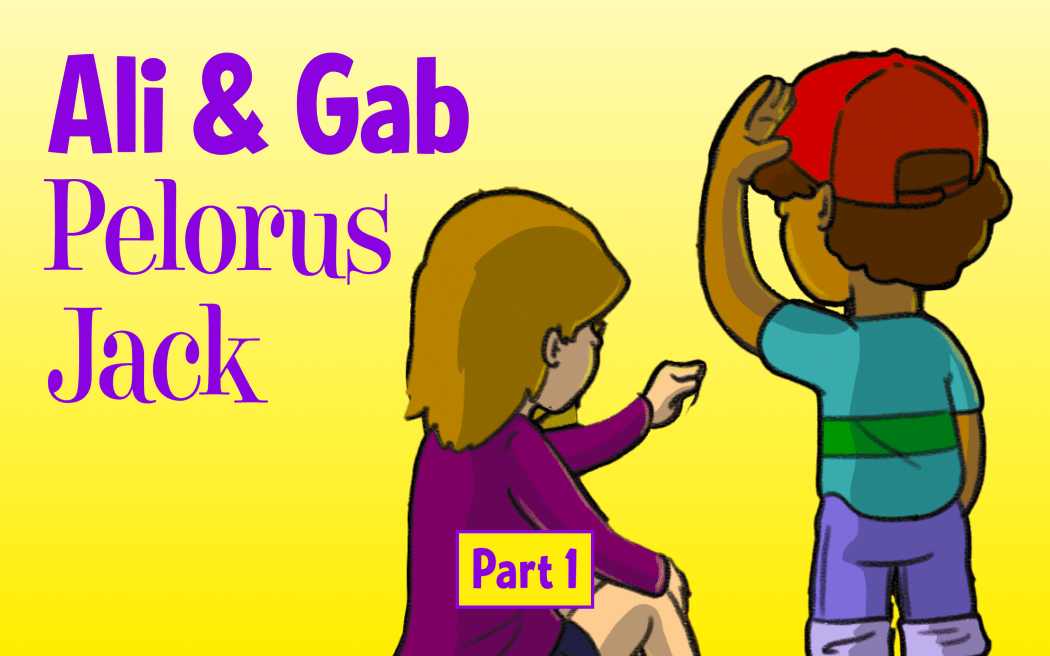 A cartoon boy and girl sit with their faces away from the viewer discussing something. Text reads "Ali & Gab Part 1: Pelorus Jack"