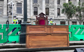 The scene being set up for a 'people's court' outside Parliament on 23 August 2022.