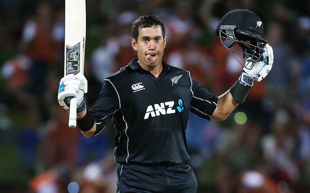Ross Taylor celebrates his 18th ODI century.