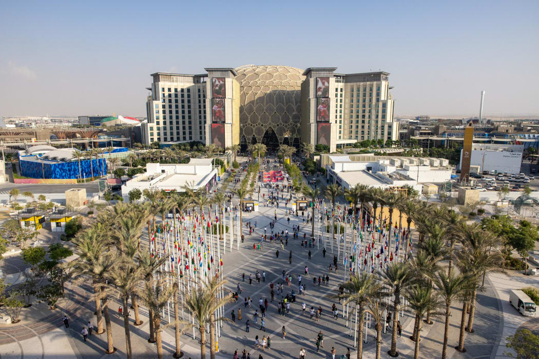 Visitors entering the 2020 Plaza and Al Wasi Dome at the Dubai Expo.