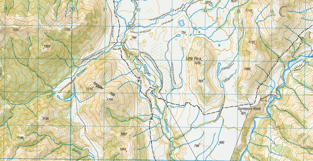 A screenshot of a topographical map, showing the Canterbury stream.