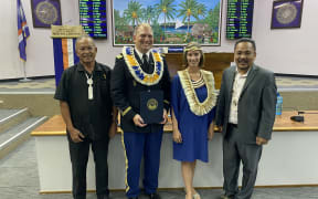 Following a ceremony in parliament honoring US Army Garrison—Kwajalein Atoll commander Col. Jeremy Bartel, he was joined by, from left: Marshall Islands President David Kabua, Bartel, US Ambassador Roxanne Cabral, and Speaker Kenneth Kedi