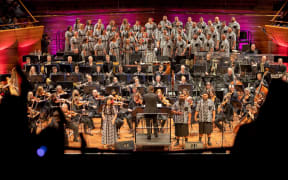 Signature Choir and the New Zealand Symphony Orchestra perform Mana Moana at the Michael Fowler Centre, Wellington. 1 December 2022.