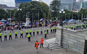 More than 50 police have formed a ring around the front of Parliament edging up to a line of protesters who had linked arms lining up in front of the cenotaph.