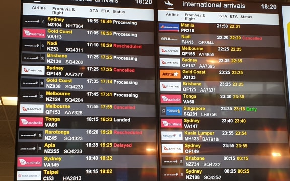 The arrivals board at the Auckland Airport's international terminal on 19 March