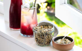Seaweed, sesame and chilli salt and honey and berry shrub