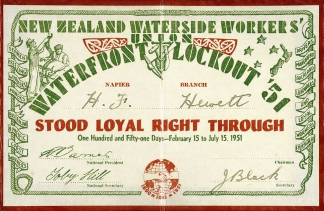 An image of a certificate from the New Zealand Waterside Workers' Union :Waterfront Lockout '51