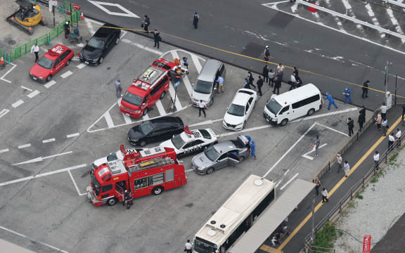 An aerial photo shows the site that former prime minister Shinzo Abe been shot in Nara City, Nara Prefecture on July 8, 2022.