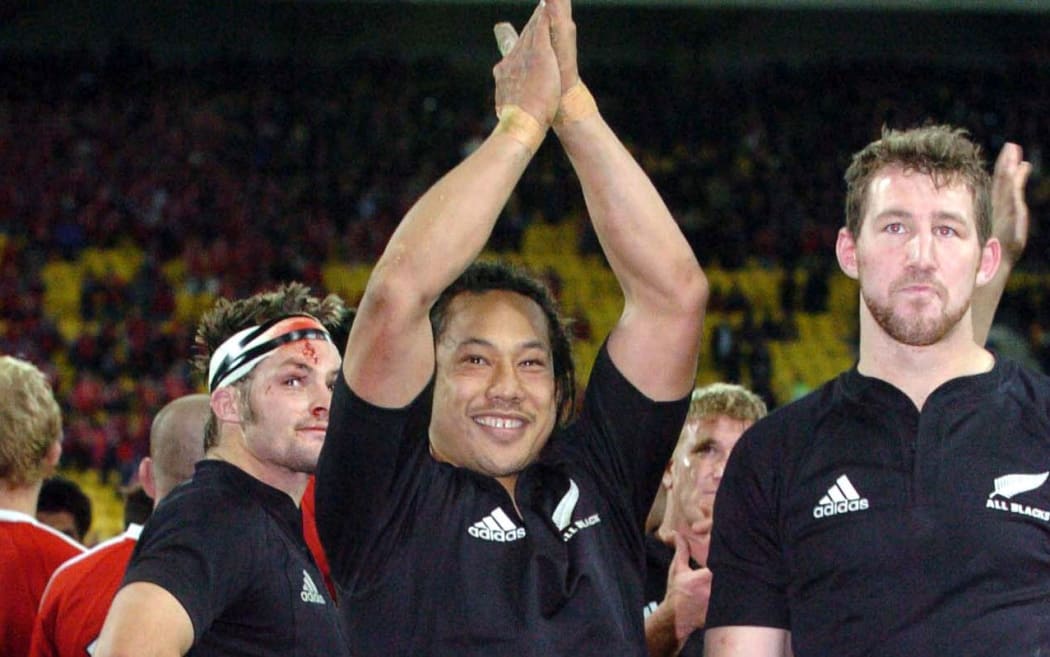 All Blacks captain Tana Umaga celebrates win over Lions. 2005.