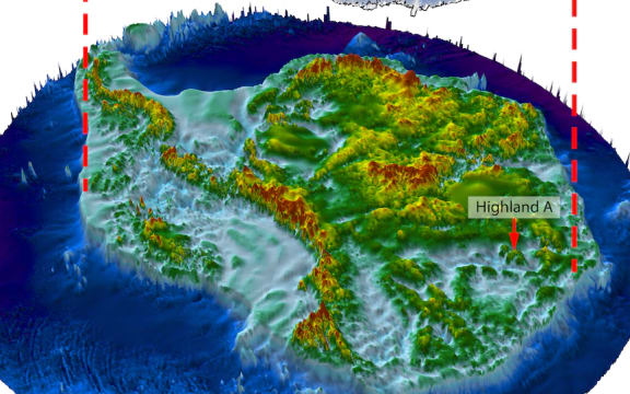 Illustration showing Antarctica with the ice sheet lifted from the continent.