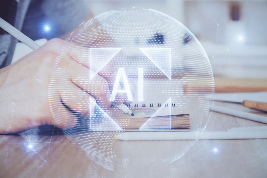 Human's hands with tech theme double exposure icons. Concept of big data.