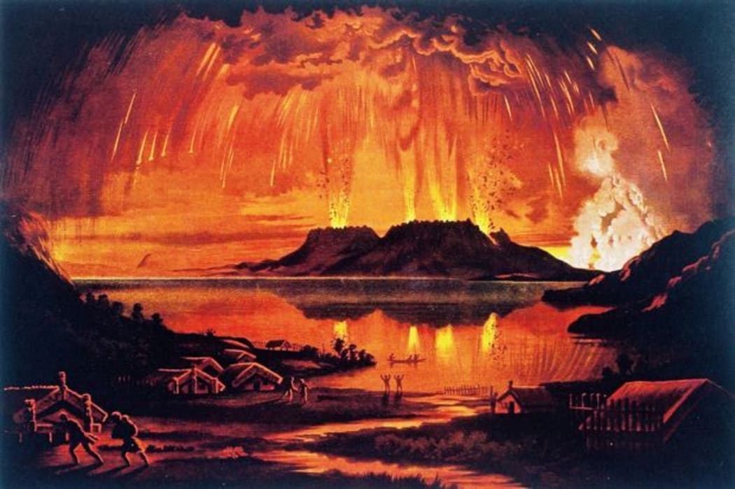 Mt Tarawera in Eruption June 10 1886. Chromolithograph of oil painting printed by A. D. Willis, Wanganui in 1886.