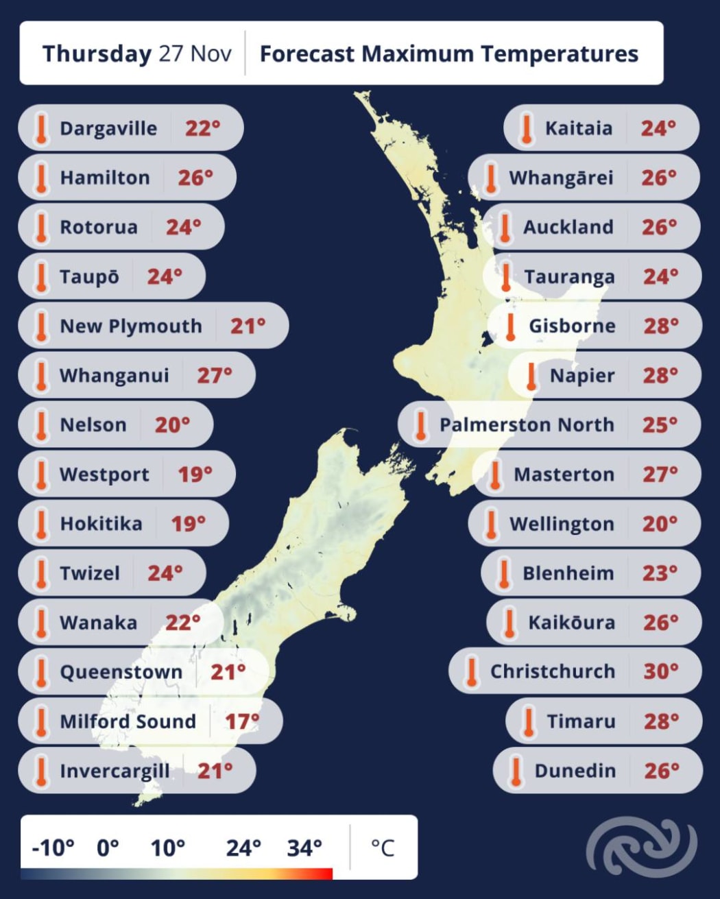 Forecast maximum temperatures for Thursday 27 November.