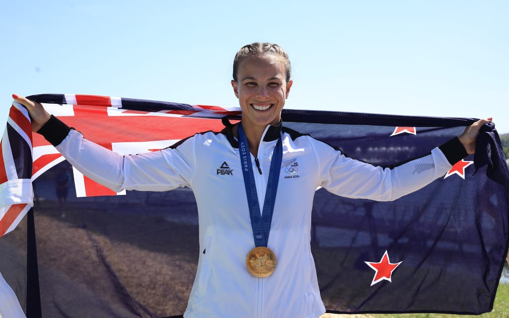 Dame Lisa Carrington of New Zealand wins gold in the women’s Kayak Single 500m at the 2024 Paris Olympics.