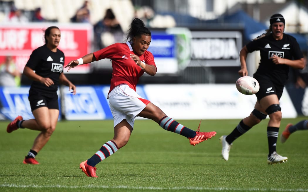 Barbarians first-five Patricia Maliepo kicks downfield during their match against the Black Ferns at Trafalgar Park, Nelson, New Zealand. Saturday 21 November 2020.