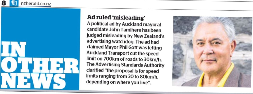 The New Zealand Herald reports Newstalk ZB's ads for John Tamihere's election campaign were judged to be misleading.