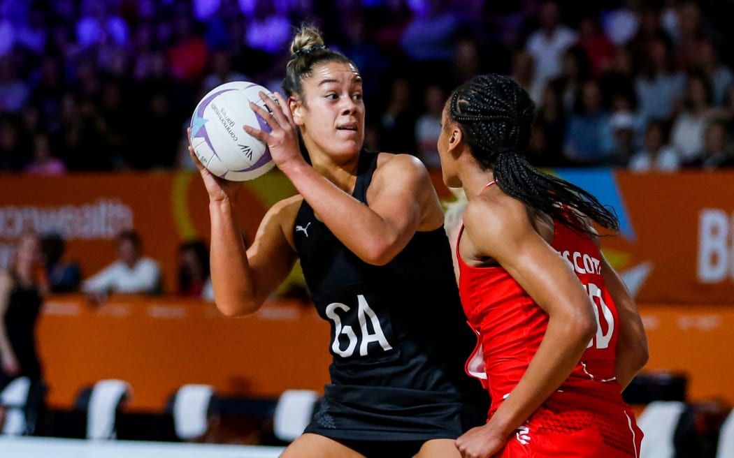 Maia Wilson of New Zealand Silver Ferns in action against England.