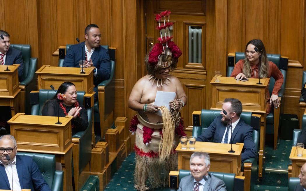 Aupito William Sio, the MP for Māngere, dressed in traditional Samoan attire for his valedictory speech in Parliament, 22 August 2023.